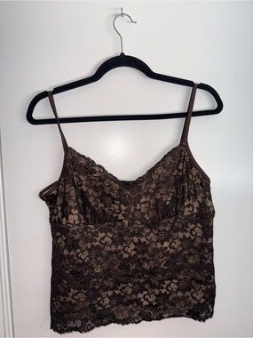 Karen Kane Brown Lace Overlay Top